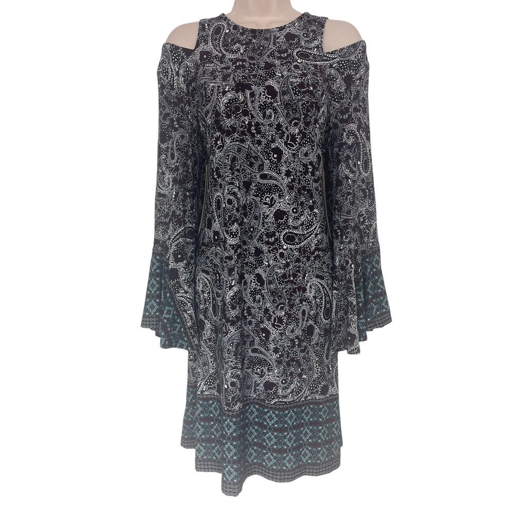 Size XL X-LARGE FLORAL-PAISLEY MIXED PRINT COLD SHOULDER BELL SLEEVE SHIFT DRESS
